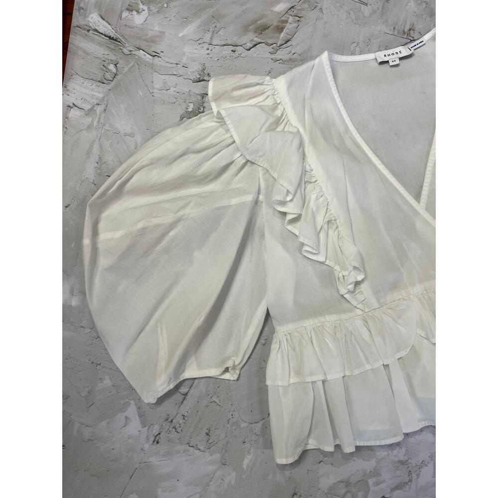 RHODE Ruffle Puff Sleeve Deep V Crop Blouse SIZE XS White Cotton Shirt - Picture 9 of 11